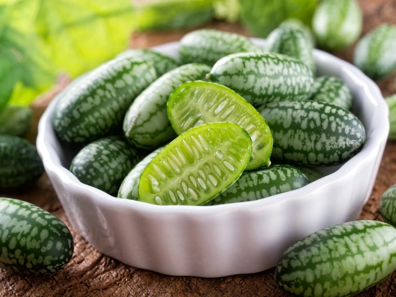 Freshly harvested cucamelons, ready to enjoy as a crunchy, tangy snack or add to a refreshing salad.