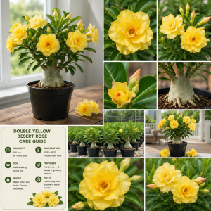 Double Yellow Desert Rose Live Plant - Adenium Obesum Starter, 4-6" Tall, Yellow Flowers