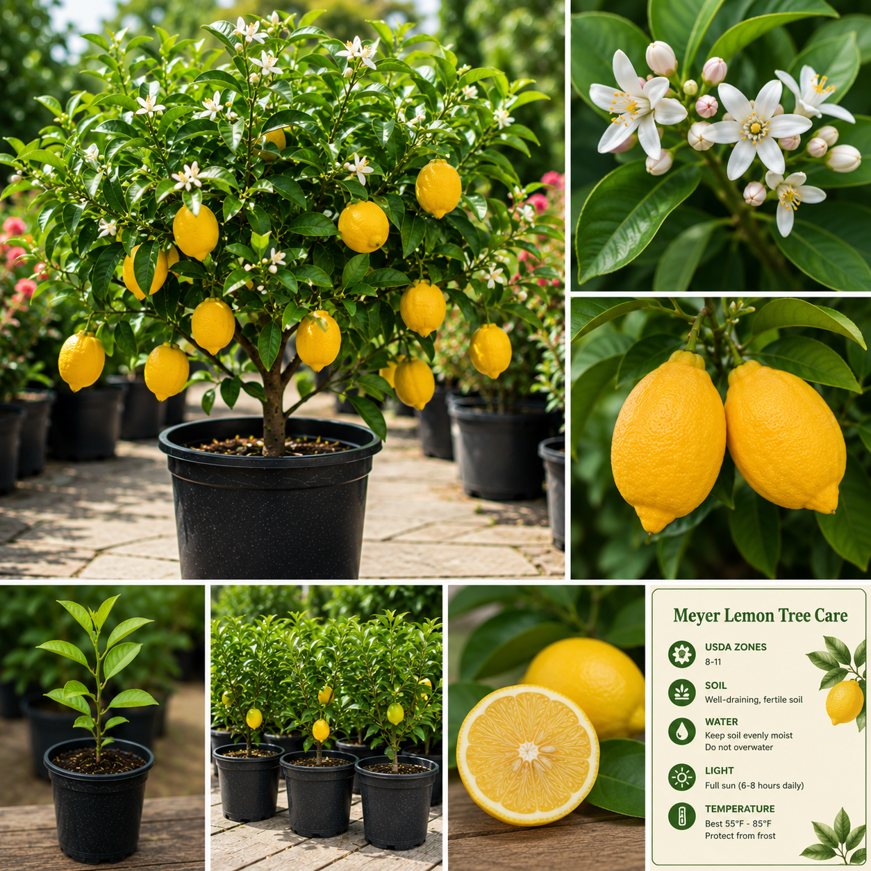 Dwarf Meyer Lemon Tree Live Plant – 2-3 Feet Tall in 2 Gallon Pot – Indoor/Outdoor Citrus - No Ship CA