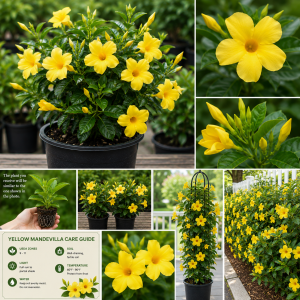 2 Yellow Mandevilla Live Plants – Flowering Vine for Garden Patio, 8-10 in Tall
